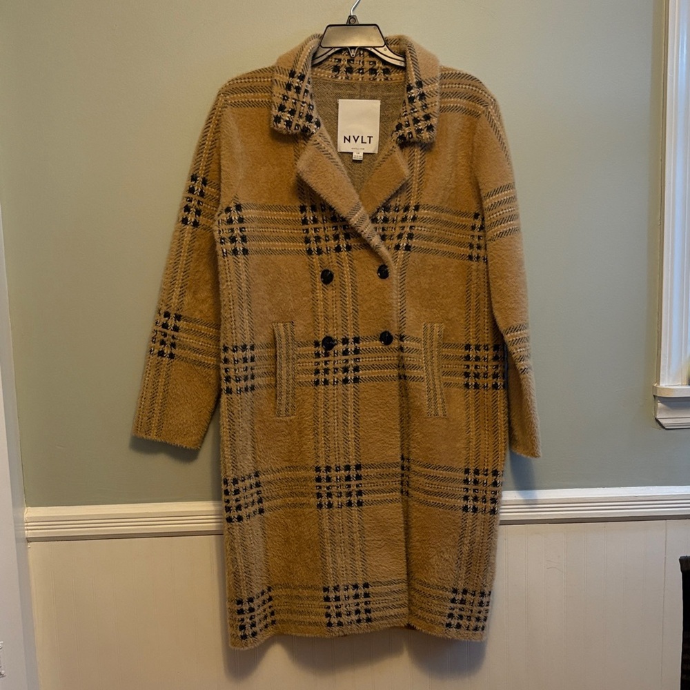 NVLT Women's Beige and Black Plaid Pea Coat size Large